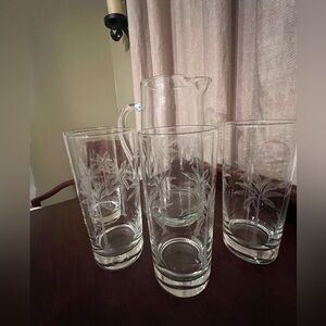 LIBBEY ~Etched Palm Trees~ Pitcher & 4 Tall GLASSES